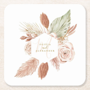 Dessous-de-verre Carré En Papier Boho Pampas Mariage de fleurs séchées tropicales