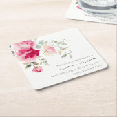 Dessous-de-verre Carré En Papier Boho Rouge Rose Fleurs Mariage d'aquarelle (Incliné)