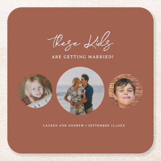Dessous-de-verre Carré En Papier Boho Terracotta Enfants Photo Mariage Enregistrer (Devant)