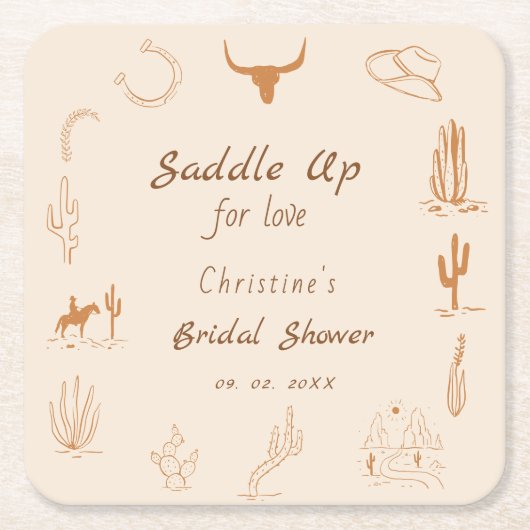 Dessous-de-verre Carré En Papier Boho Western Saddup Cowboy douche nuptiale (Devant)