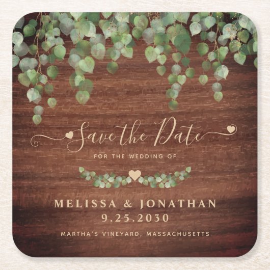 Dessous-de-verre Carré En Papier Bois Rustique Verdure Mariage Enregistrer La Date (Devant)