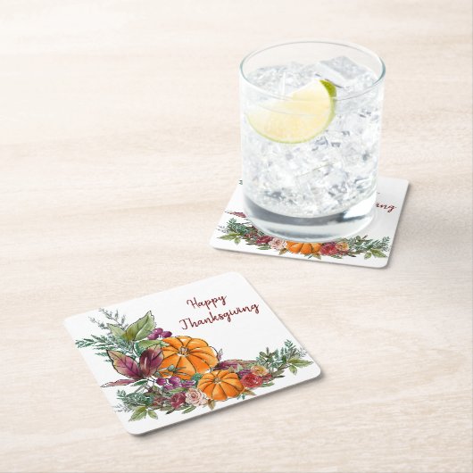Dessous-de-verre Carré En Papier Bon thanksgiving aquarelle Citrouilles Automne (En situation)