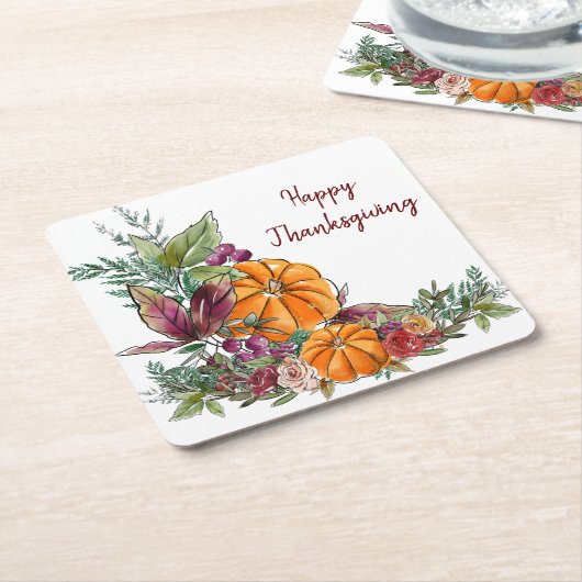 Dessous-de-verre Carré En Papier Bon thanksgiving aquarelle Citrouilles Automne (Incliné)