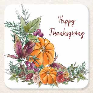 Dessous-de-verre Carré En Papier Bon thanksgiving aquarelle Citrouilles Automne