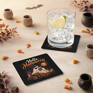 Dessous-de-verre Carré En Papier Bonjour Halloween Gentil Fantôme Buvant du Café