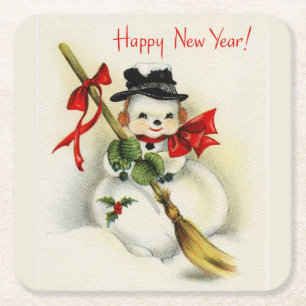 Dessous-de-verre Carré En Papier Bonne Année Vintage Bonhomme de Neige