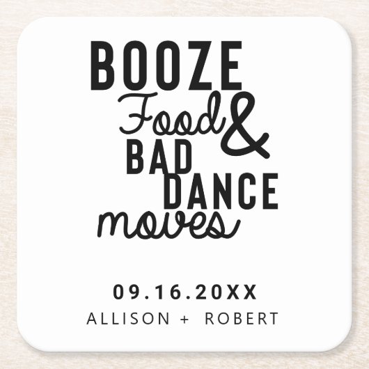 Dessous-de-verre Carré En Papier Booze Food & Bad Dance Déplace Mariage Date Décont