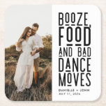 Dessous-de-verre Carré En Papier Booze Food Bad Dance Motive Engagement Party<br><div class="desc">Portez un toast à l'amour, au rire et à des souvenirs inoubliables avec notre Dessous de verre photo Customisé "Booze, Food, and Bad Dance Moves" spécialement conçu pour la fête de fiançailles du couple! Ce dessous de verre est le parfait mélange de plaisir et de sentimentalité, saisissant l'essence de l'histoire...</div>