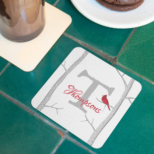 Dessous-de-verre Carré En Papier Botanique Cardinal Rouge Arbre d'hiver Monogramme