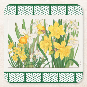 Dessous-de-verre Carré En Papier Botanique Floral Vert et Jaune