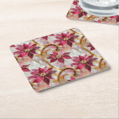 Dessous-de-verre Carré En Papier Boucles d'or Bourgogne rose Poinsettias de Noël (Incliné)