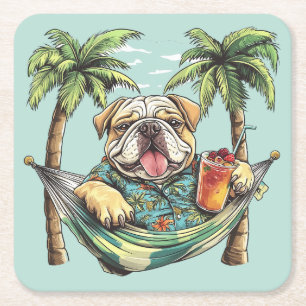 Dessous-de-verre Carré En Papier Bouledogue Anglais en Haut Hawaïen