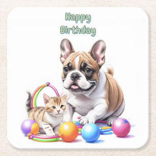 Dessous-de-verre Carré En Papier Bouledogue français French Bulldog avec chat