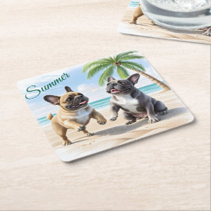 Dessous-de-verre Carré En Papier Bouledogues français plage Bouledogue Français