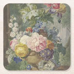 Dessous-de-verre Carré En Papier Bouquet de fleurs dans un vase avec un nid d'oisea