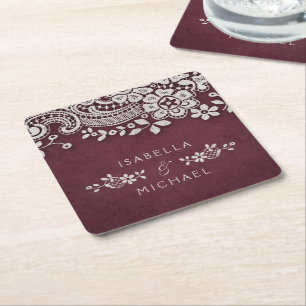 Dessous-de-verre Carré En Papier Bourgogne élégant vintage dentelle mariage rustiqu