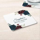 Dessous-de-verre Carré En Papier Bourgogne & Navy Fleurs bleues Fête des mariées ru (Incliné)