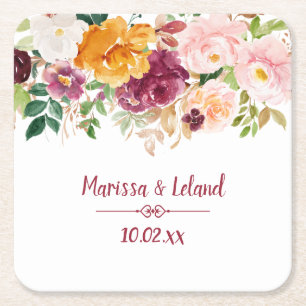 Dessous-de-verre Carré En Papier Bourgogne safran Jaune Peonies Rose Mariage
