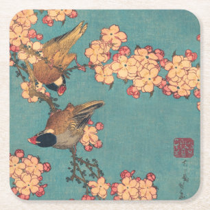 Dessous-de-verre Carré En Papier Bouvreuil d'Hokusai et Cerisier Fleur Vintage Oise