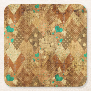 Dessous-de-verre Carré En Papier Brown Grunge Quilt Stars Coeurs