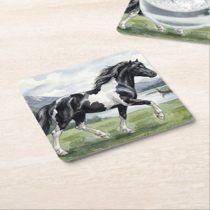 Dessous-de-verre Carré En Papier Brunskjottur Poney islandais noir et blanc