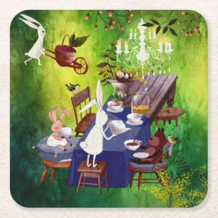 Dessous-de-verre Carré En Papier Bunny Spring Party dans la forêt-animal Illustrati