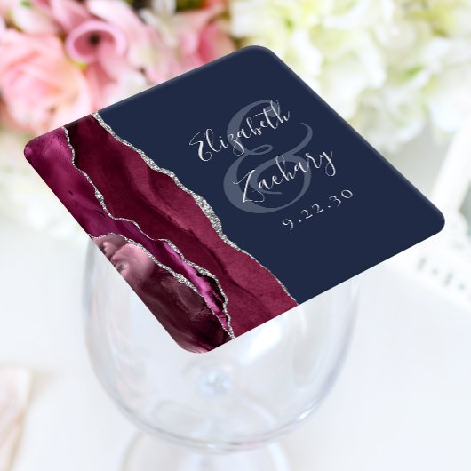 Dessous-de-verre Carré En Papier Burgundy Agate Script Silver Navy Blue Mariage