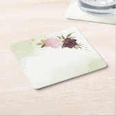 Dessous-de-verre Carré En Papier cabernet rose fleurs verdure mariage (Incliné)
