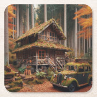 Cabine dans la forêt avec une automobile antique