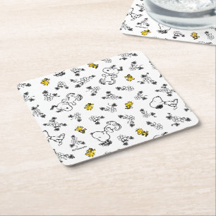 Dessous-de-verre Carré En Papier cacahuètes   Snoopy & Woodstock B&W Flower Motif