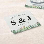 Dessous-de-verre Carré En Papier Cactus Aquarelle Sage Garden Mariage vert du déser (Incliné)