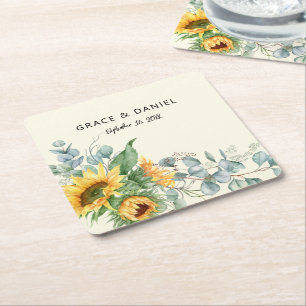 Dessous-de-verre Carré En Papier Cadeau de mariage eucalyptus tournesol rustique