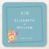 Dessous-de-verre Carré En Papier Cadre avec Rose, style Mariage sur bleu rétro (Devant)