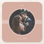Dessous-de-verre Carré En Papier Cadre élégant | Mariage photo en terre cuite<br><div class="desc">Ces dessous de verre de mariage élégants disposent d'un cadre rond et blanc entourant votre photo personnelle,  avec des lignes géométriques assorties et du texte moderne sur un arrière - plan en terre cuite. Un design minimaliste et élégant.</div>