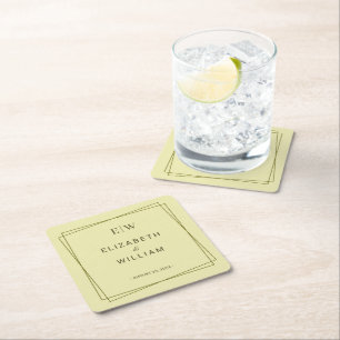 Dessous-de-verre Carré En Papier Cadre Élégant sur Mariage au Monogramme Jaune Céle