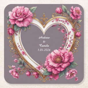 Dessous-de-verre Carré En Papier Cadre en forme de cœur élégant orné de roses roses