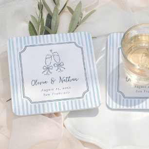 Dessous-de-verre Carré En Papier Cadre Fantaisiste Mariage Rayures Bleues Rétro
