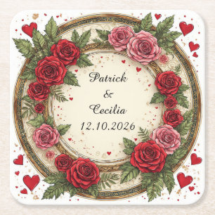Dessous-de-verre Carré En Papier Cadre floral avec roses rouges et roses