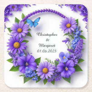 Dessous-de-verre Carré En Papier Cadre floral de mariage avec des fleurs colorées