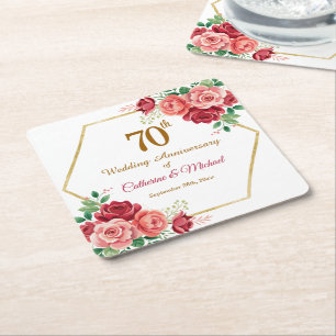 Dessous-de-verre Carré En Papier Cadre floral doré pour 70e anniversaire de mariage