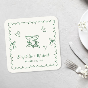 Dessous-de-verre Carré En Papier Cadre Vert Ondulé Fantaisiste Crème Mariage
