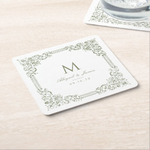 Dessous-de-verre Carré En Papier Cadre Vintage Vert Sauge Élégant Monogramme de Mar