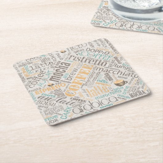 Dessous-de-verre Carré En Papier Café sur Burlap Word Cloud Turquoise ID283 (Incliné)