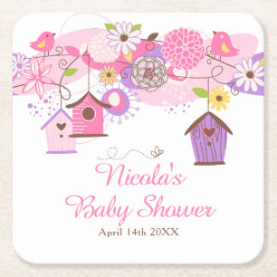 Dessous-de-verre Carré En Papier Cages à oiseaux floraux rose et violet pour Baby S