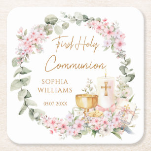 Dessous-de-verre Carré En Papier Calice Floral Rose Première Sainte Communion