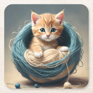 Dessous-de-verre Carré En Papier "Câlins douillets : le refuge laineux du chaton"