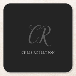 Dessous-de-verre Carré En Papier Calligraphie Monogramme Nom Black Grey Cadeau pers