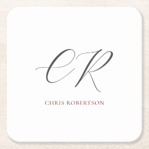 Dessous-de-verre Carré En Papier Calligraphie Monogramme Nom Black White Cadeau per