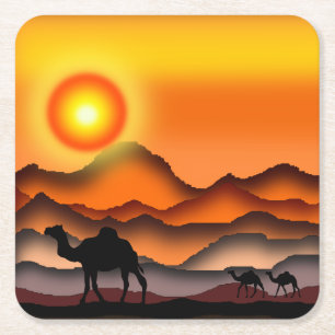 Dessous-de-verre Carré En Papier Camels Silhouette dans le coucher du soleil du dés