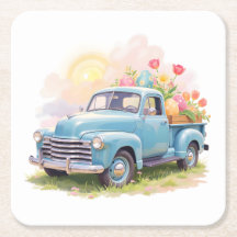 Camion Bleu Vintage avec Œufs de Pâques & Tulipes